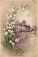 Lily of the valley and houses, hold to light litho