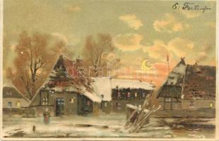 Cottages in winter, hold to light litho