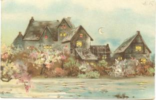 Countryside at night, hold to light litho