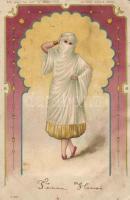 Arabian bellydancer, hold to light litho (wet damage)