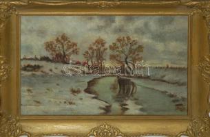 Ismeretlen jelzéssel: Téli táj Olaj, farost 40x30 cm Keretben
