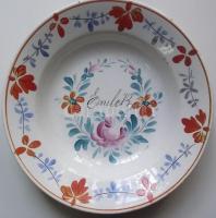 cca 1900 Kézzel festett mázas Hollóházi kerámia falitányér benyomott házas jelzéssel / Folklore handpainted ceramic plate d: 23cm