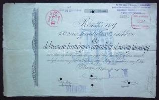 Debrecen 1887. "Debreczeni Termény- és Áruraktár Részvénytársaság részvénye 100Ft értékben szelvényekkel, szárazpecséttel,lyukasztással és "SELEJTEZVE" pecsételéssel érvénytelenítve T:II-