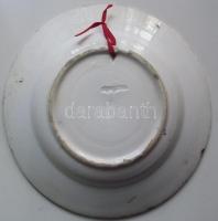 cca 1900 Kézzel festett mázas Hollóházi kerámia falitányér benyomott házas jelzéssel, peremén lepatt...