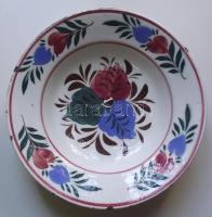 cca 1900 Kézzel festett mázas Hollóházi kerámia falitányér benyomott házas jelzéssel / Folklore handpainted ceramic plate d: 23cm