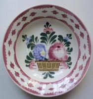 cca 1900 Kézzel festett mázas Hollóházi kerámia falitányér benyomott házas jelzéssel / Folklore handpainted ceramic plate d: 24cm