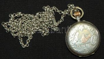 cca 1890 Svájci jelzésű, porcelán számlapos női ezüst zsebóra lánccal. Szépen jár. /
cca 1890 Swiss ...