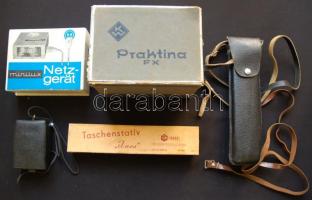 Praktina FX fényképezőgép és tartozékai komplett fotós tétel: Vaku, 2 db állvány, színszűrők, film. ...