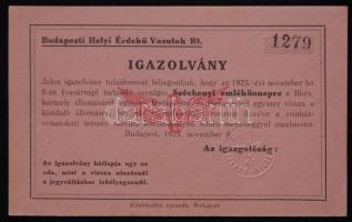 Igazolvány a Budapesti Helyi Érdekű Vasutaktól a Széchényi ünnepre utazáshoz.
