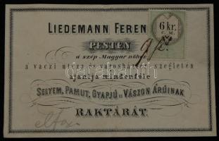 1850 LIedemann Ferenc selyen és szövetárus Pest reklámcédula számlaként felhasználva 6kr CM okmánybélyeggel 13x8 cm