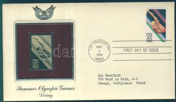 Amerikai Egyesült Államok 1984. "Nyári Olimpia 84/férfi műugrás 20c" aranyfóliás(22kt) bélyeg replika FDC borítékban, bélyeggel és elsőnapi bélyegzővel és ismertetővel T:1 USA 1984. "Olympics 84/Men's diving 20c" gold(22kt)foil stamp replica on First Day Issue envelop with stamp and information C:Unc