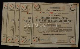 1946. Dreher-Haggenmacher Első Magyar Részvényserfőződe részvényelismervénye ideiglenes részvényről 40P értékben (5x) 3 egymás utáni sorszámú