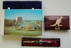 Kis bolha tétel: 42 db ausztrál postatiszta díjjegyes képeslap nevezetességekkel szép plüsstokban, 1db reprezentatív toll tokban és 1 db ausztrál kulcstartó kenguruval