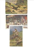 3 db régi, művészi Vadász motívumlap, az egyiken Ferenc József