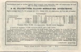 Budapest 1948. Fél sorsjegy a IX. újjáépítési állami sorsjátékra (60.000Ft főnyereményre) T:II(kis p...