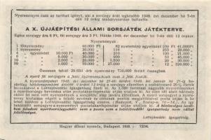 Budapest 1948. Fél sorsjegy a X. újjáépítési állami sorsjátékra (60.000Ft főnyereményre) T:I-