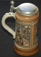 Ónfedelű, mázas, festett sörös kupa / Beer pitcher with tin cover 18cm