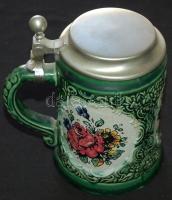 Ónfedelű, mázas, festett sörös kupa / Beer pitcher with tin cover 14 cm