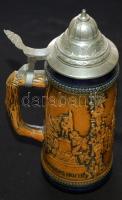 Díszes ónfedelű, mázas, domborműves sörös kupa / Beer pitcher with tin cover 24 cm