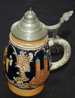 Díszes ónfedelű, mázas, domborműves kis sörös kupa / Beer pitcher with tin cover 14 cm