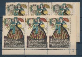 1914 Reklámbélyeg kiállítás 6 db levélzáró hármascsíkokban (az egyiken piros esernyő)