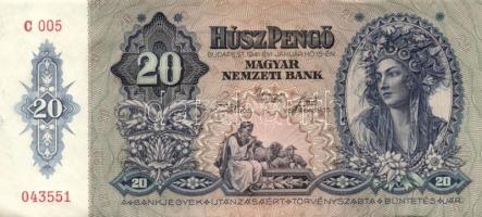 1941. 20P "005" (4x) egymás utáni sorszámmal! T:I-,II+(hajtatlanok, csak a sarkok kopottak...