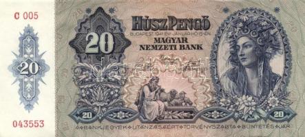 1941. 20P "005" (4x) egymás utáni sorszámmal! T:I-,II+(hajtatlanok, csak a sarkok kopottak...