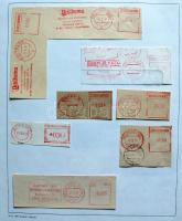 Több mint 300 db piros gépi hirdető-reklám bélyegző kivágás az egész világból, albumlapokon