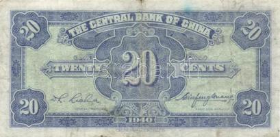 Kína/Central Bank 1940. 20c T:III + Kína 1953-2005. 5db klf bankjegy T:I,II
china/Central Bank 1940....
