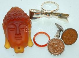 Bizsu tétel: 13db klf gyöngylánc, 1db karneol gyűrű, 1 pár mandzsettagomb, 1db üveg buddhafej-medál,...