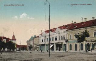 Gyergyószentmiklós Kossuth square with the shops of Árpád Borsos and József Cziffra