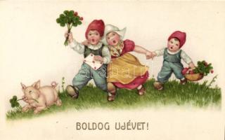 New Year pig, mushroom, clover, litho, Emb.