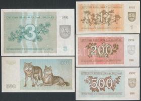 Litvánia 1991-93. 1T + 3T + 200T + 500T + 500T klf T:I,I-,II
Lithuania 1991-93. 1 Talonas + 3 Talona...