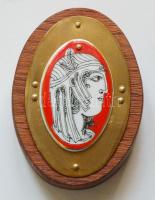 Szász Endre: jelzett hollóházi porcelán medál görög istenfigurával kereten /  Chinaware medallion on wooden frame