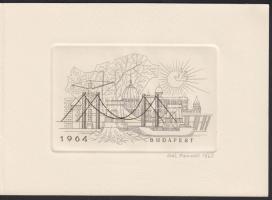 1963 Gál Ferenc: Budapesti városkép, rézkarc, ceruzával jelzett, saját kezű újévi szöveges üdvözlettel 15,5x11 cm