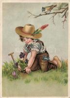 Little boy planted flowers in the garden, litho