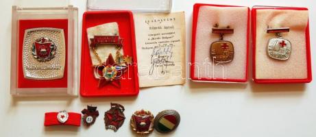 1960-70-es évek "Véradásért" 10 és 15 kitüntetés műanyag tokban + "Szocialista Brigád" kitüntetés tokban + "Kiváló Dolgozó" adományozói irattal tokban + Munka Érdemrend szalagsávja miniatűrrel + 4db sapkajelvény és jelvény T:1,2