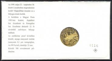 1998. "Lisszaboni  Világkiállítás / Carolina gőzhajó aranyozott emlékérem" bélyeges-érmés ...