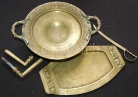 Kis réz tétel: váza, kancsó, kilincs, kis kard, tálca, gyümölcsös tál
