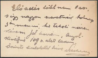 1895 gróf Széchenyi Bertalan saját kézzel írt sorai névjegykártyáján