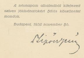 1932 Sipőcz Jenő Budapest főpolgármesterének aláírása üdvözlőkártyán