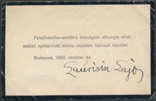 Laurisin Lajos operaénekes aláírása felesége halála alkalmából kiadott részvétkártyán