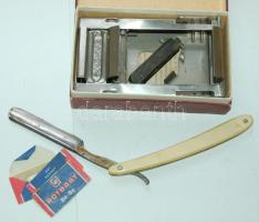 Bakony márkájú borotvapenge-élező saját dobozában, mellette egy Ratisbona márkájú éles borotvakés és...