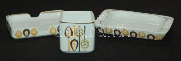 Jelzett Hollóházi asztali porcelán cigaretta-készlet: gyufa-, cigaretta- és hamutartó