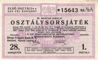 1932-34. "28./31. Magyar Királyi Osztálysorsjáték" első-ötödik osztály egy fél/negyed sors...