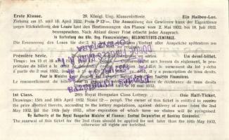 1932-34. "28./31. Magyar Királyi Osztálysorsjáték" első-ötödik osztály egy fél/negyed sors...