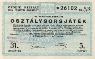 1932-34. "28./31. Magyar Királyi Osztálysorsjáték" első-ötödik osztály egy fél/negyed sors...