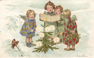 Christmas card, angels singing, s: E. Schütz, litho (small tear)