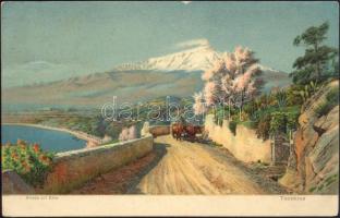 Taormina, Strada col Etna / road litho (Rb)