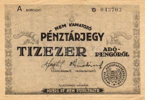 1946. Pénztárjegy 10.000Adópengő 3db, egymás utáni sorszámokkal! T:II